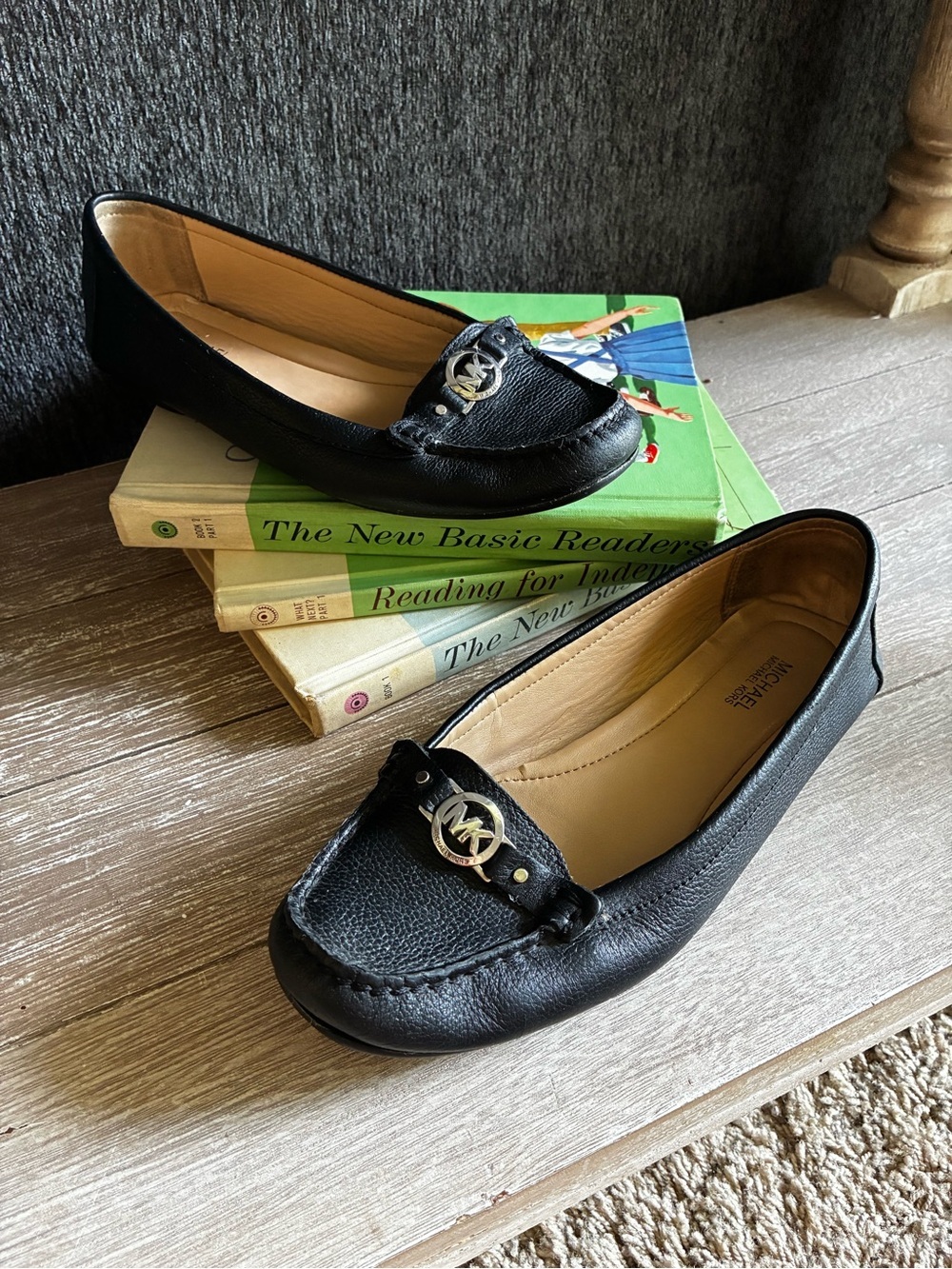 Michael Kors Black Leather Moccasin Flats with Silver MK Accent